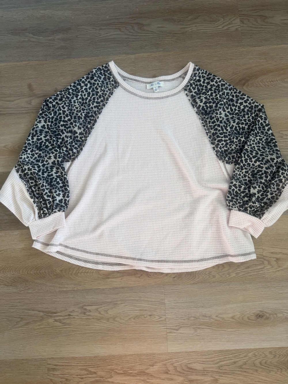 She + Sky Pale Pink Waffle Top with Leopard Raglan Sleeves